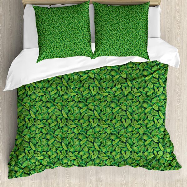Abakuhaus Set Copripiumino Jungle Leaf Per Letti Singoli, Foglie Tropicali Hawaii, Antiacaro, Adatto A Chi Soffre Di Allergie, Con Federa, 200 Cm X 200 Cm - 80 X 80 Cm, Verde Verde Lime-image