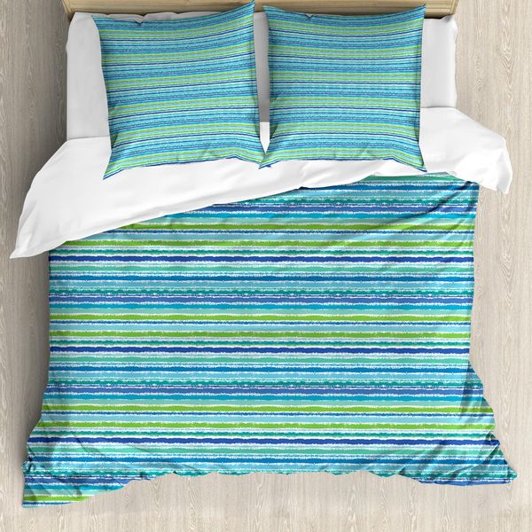 Abakuhaus Set Copripiumino A Strisce Weinlese Per Letti Singoli, Blu, Tonalità Di Verde, Antiacaro, Adatto A Chi Soffre Di Allergie, Con Federa, 200 Cm X 200 Cm - 80 X 80 Cm, Multicolore-image