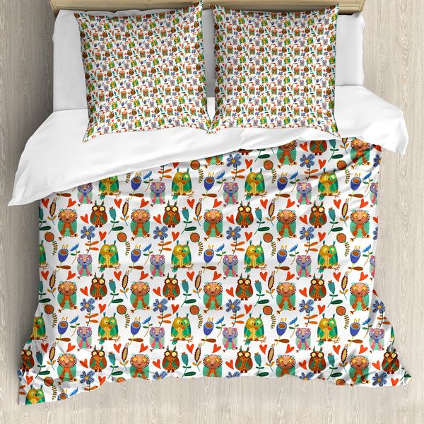 Abakuhaus Set Copripiumino Per Letto Singolo Con Stampa Gufo, Allegri Uccellini E Fiori, Antiacaro E Anallergico, Con Federa, 155 Cm X 220 Cm - 80 X 80 Cm, Multicolore-image
