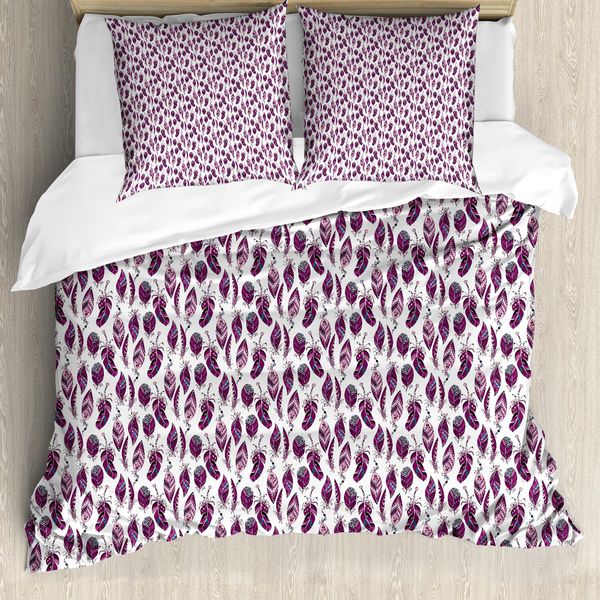 Abakuhaus Set Copripiumino Hippie Per Letti Singoli, Motivi A Piume, Antiacaro, Adatto A Chi Soffre Di Allergie, Con Federa, 200 Cm X 200 Cm - 80 X 80 Cm, Rosa Baby Prugna-image
