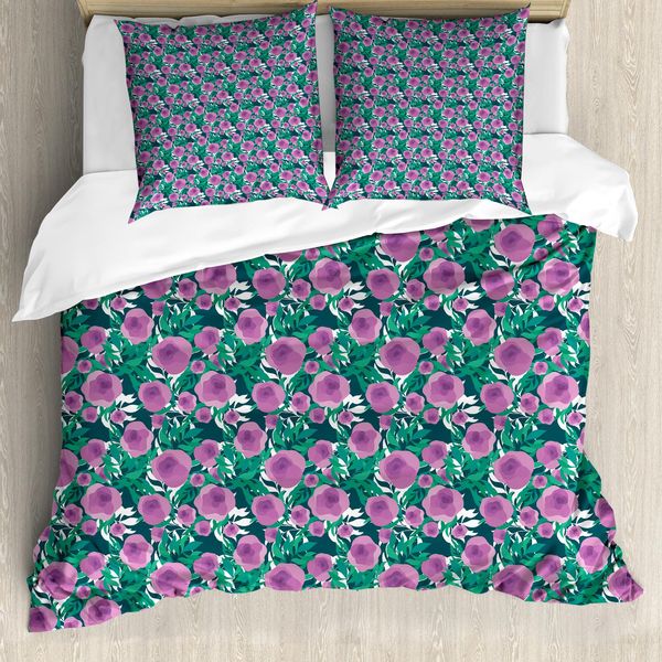 Abakuhaus Set Copripiumino Per Letti Singoli, Fiori E Foglie Grafici, Antiacaro, Adatto A Chi Soffre Di Allergie, Con Federa, 155 Cm X 220 Cm - 80 X 80 Cm, Fucsia Chiaro Verde Mare-image