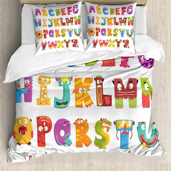 Abakuhaus Set Copripiumino Per Letto Singolo, Happy Monster Abc Letters, Antiacaro, Adatto A Chi Soffre Di Allergie, Con Federa, 200 Cm X 200 Cm - 80 X 80 Cm, Bianco Multicolore-image