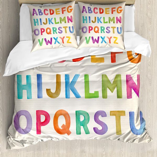 Abakuhaus Set Copripiumino Alphabet Per Letti Singoli, Acquerello Educativo, Antiacaro, Adatto A Chi Soffre Di Allergie, Con Federa, 155 Cm X 220 Cm - 80 X 80 Cm, Multicolore Guscio D'uovo-image