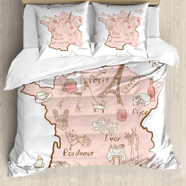 Abakuhaus Set Copripiumino Per Letto Singolo Torre Eiffel, Typography Map, Antiacaro E Anallergico Con Federa, 200 Cm X 200 Cm - 80 X 80 Cm, Blush Umber E Bianco-image