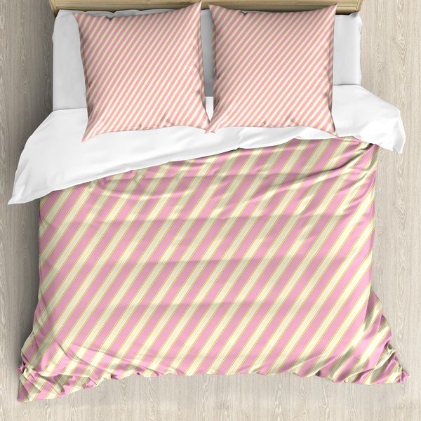 Abakuhaus Set Copripiumino A Righe Weinlese Per Letti Singoli, Linee Diagonali, Antiacaro, Adatto A Chi Soffre Di Allergie, Con Federa, 155 Cm X 220 Cm - 80 X 80 Cm, Rosa Pallido E Crema-image