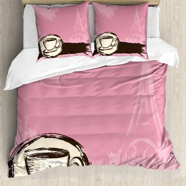 Abakuhaus Set Copripiumino Per Letto Singolo Torre Eiffel, Tazza Da Caffè Fugace, Antiacaro Adatto A Chi Soffre Di Allergie Con Federa, 200 Cm X 200 Cm - 80 X 80 Cm, Rosa Pallido Marrone-image