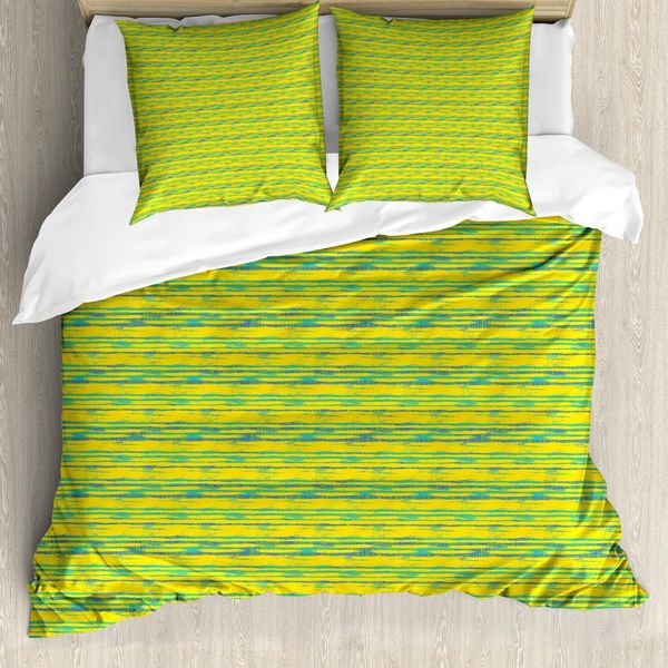 Abakuhaus Set Copripiumino A Strisce Weinlese Per Letti Singoli, Arte Astratta Grunge, Antiacaro, Adatto A Chi Soffre Di Allergie, Con Federa, 155 Cm X 220 Cm - 80 X 80 Cm, Senape Azzurro-image