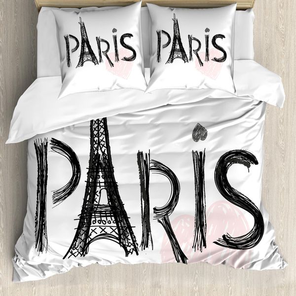 Abakuhaus Set Copripiumino Per Letto Singolo Torre Eiffel, Tonalità Pastello Cuore, Antiacaro, Adatto A Chi Soffre Di Allergie, Con Federa, 155 Cm X 220 Cm - 80 X 80 Cm, Grigio Antracite Rosa Pallido-image