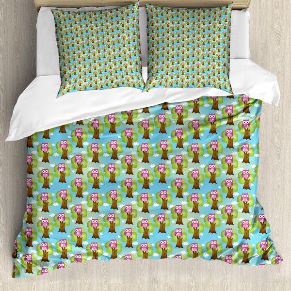 Abakuhaus Set Copripiumino Per Letto Singolo Con Stampa Gufo, Moderna Caricatura Di Uccelli, Antiacaro E Anallergico, Con Federa, 155 Cm X 220 Cm - 80 X 80 Cm, Multicolore-image