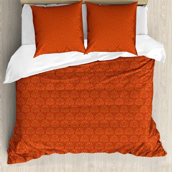 Abakuhaus Set Copripiumino Etnico Per Letti Singoli, Colori Caldi, Decorazioni Tradizionali, Antiacaro, Adatto A Chi Soffre Di Allergie, Con Federa, 155 Cm X 220 Cm - 80 X 80 Cm, Arancione Vermiglio-image