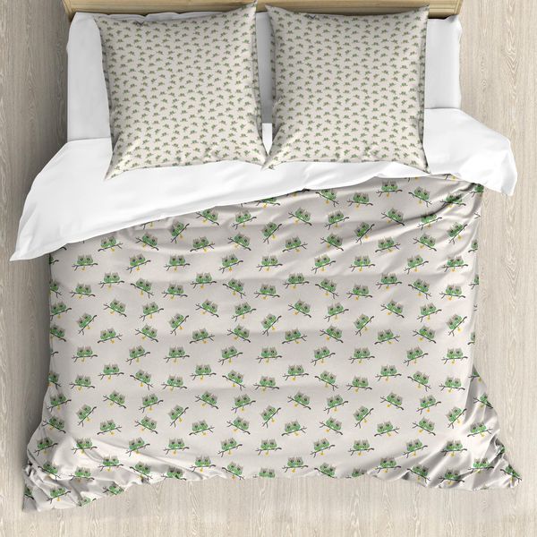 Abakuhaus Set Copripiumino Con Stampa Gufo Per Letti Singoli, Uccellini In Una Ciotola, Antiacaro, Adatto A Chi Soffre Di Allergie, Con Federa, 155 Cm X 220 Cm - 80 X 80 Cm, Pale Tan Verde Reseda-image