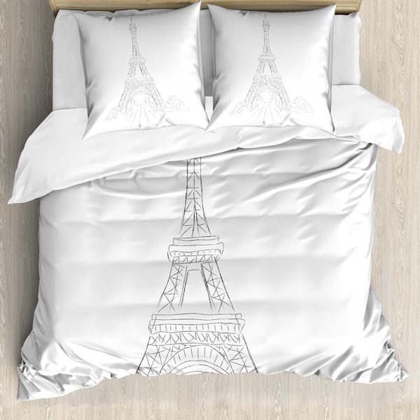 Abakuhaus Set Copripiumino Per Letto Singolo Torre Eiffel, Monumento Disegnato A Matita, Antiacaro, Adatto A Chi Soffre Di Allergie, Con Federa, 200 Cm X 200 Cm - 80 X 80 Cm, Tortora Scuro, Grigio, Bianco-image