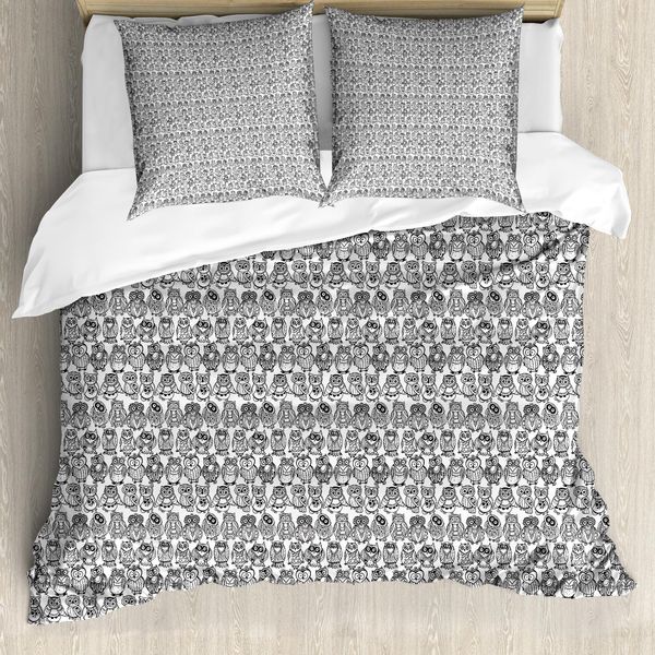 Abakuhaus Set Copripiumino Con Stampa Gufo Per Letti Singoli, Caricatura Di Uccello Con Piume, Antiacaro, Adatto A Chi Soffre Di Allergie, Con Federa, 200 Cm X 200 Cm - 80 X 80 Cm, Grigio Antracite E Bianco-image
