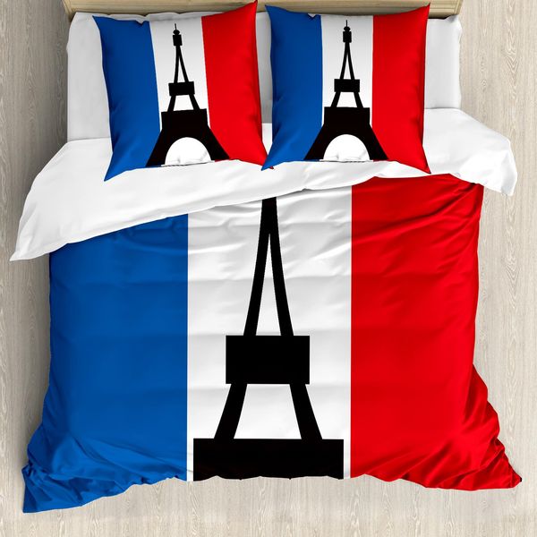 Abakuhaus Set Copripiumino Per Letto Singolo Torre Eiffel, Bandiera Francese Geometrica, Antiacaro, Adatto A Chi Soffre Di Allergie, Con Federa, 200 Cm X 200 Cm - 80 X 80 Cm, Blu Cobalto Scuro Corallo-image