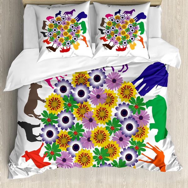 Abakuhaus Set Copripiumino Silhouette Per Letti Singoli, Fiori E Animali Selvatici, Antiacaro, Adatto A Chi Soffre Di Allergie, Con Federa, 200 Cm X 200 Cm - 80 X 80 Cm, Multicolore-image