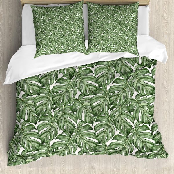 Abakuhaus Set Copripiumino Acquerello Con Motivo Vegetale Per Letti Singoli, Motivo Grafico Monstera, Antiacaro, Adatto A Chi Soffre Di Allergie, Con Federa, 200 Cm X 200 Cm - 80 X 80 Cm, Verde Reseda Multicolore-image