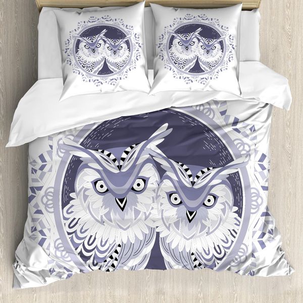 Abakuhaus Set Copripiumino Con Stampa Gufo Per Letti Singoli, Motivo Vintage Night Birds, Antiacaro E Anallergico, Con Federa, 155 Cm X 220 Cm - 80 X 80 Cm, Blu Indaco Ceil-image