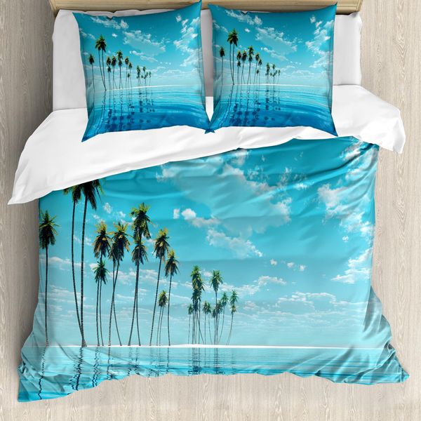 Abakuhaus Set Copripiumino Fiji Per Letti Singoli, Palme Da Cocco Lunghe Acqua Tranquilla, Antiacaro Adatto A Chi Soffre Di Allergie Con Federa, 155 Cm X 220 Cm - 80 X 80 Cm, Blu Mare-image