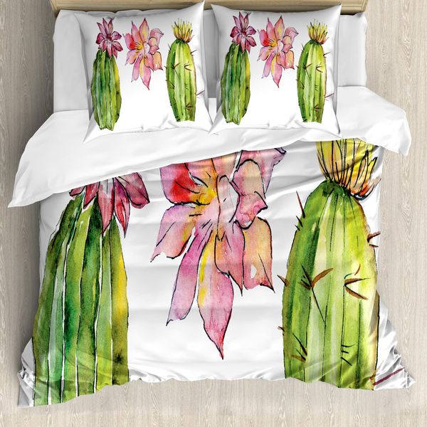 Abakuhaus Set Copripiumino Acquerello Con Motivo Vegetale Per Letti Singoli, Piante Grasse, Antiacaro, Adatto A Chi Soffre Di Allergie, Con Federa, 155 Cm X 220 Cm - 80 X 80 Cm, Multicolore-image