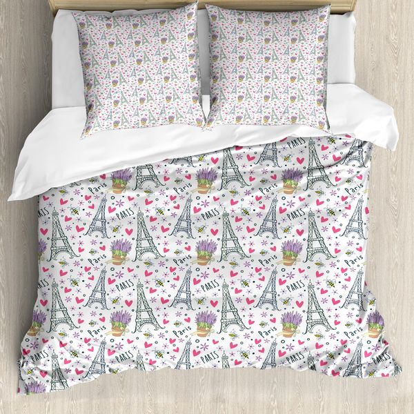 Abakuhaus Set Copripiumino Per Letto Singolo Torre Eiffel, Articolo Romantico Doodle, Antiacaro, Adatto A Chi Soffre Di Allergie, Con Federa, 155 Cm X 220 Cm - 80 X 80 Cm, Rosa Multicolore-image