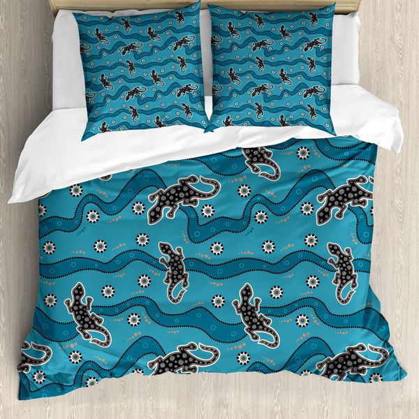 Abakuhaus Set Copripiumino Aborigeno Per Letti Singoli, Rettile, Antiacaro, Adatto A Chi Soffre Di Allergie, Con Federa, 200 Cm X 200 Cm - 80 X 80 Cm, Blu Mare, Tortora Scuro-image