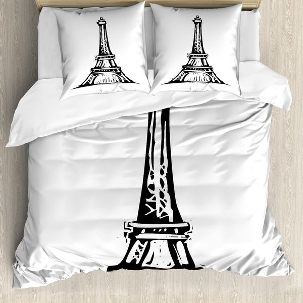 Abakuhaus Set Copripiumino Per Letto Singolo Torre Eiffel, Motivo Monocromatico, Antiacaro, Adatto A Chi Soffre Di Allergie, Con Federa, 200 Cm X 200 Cm - 80 X 80 Cm, Grigio Antracite Bianco-image