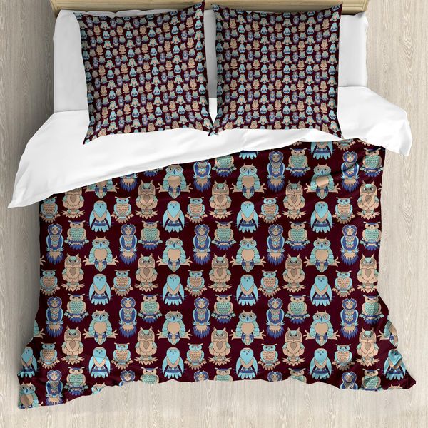 Abakuhaus Set Copripiumino Per Letto Singolo Con Stampa Gufo, Uccelli Astratti Color Pastello, Antiacaro E Anallergico, Con Federa, 155 Cm X 220 Cm - 80 X 80 Cm, Malva Scuro Multicolore-image