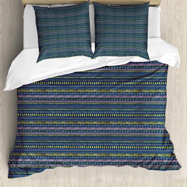 Abakuhaus Set Copripiumino A Strisce Weinlese Per Letti Singoli, Zigzags Drops Spots, Antiacaro, Adatto A Chi Soffre Di Allergie, Con Federa, 155 Cm X 220 Cm - 80 X 80 Cm, Night Blue Senf-image