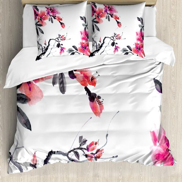 Abakuhaus Set Copripiumino Acquerello Con Motivo Floreale Per Letto Singolo, Fioritura Primaverile, Antiacaro, Adatto A Chi Soffre Di Allergie, Con Federa, 200 Cm X 200 Cm - 80 X 80 Cm, Bianco Grigio Rosa Pastello-image