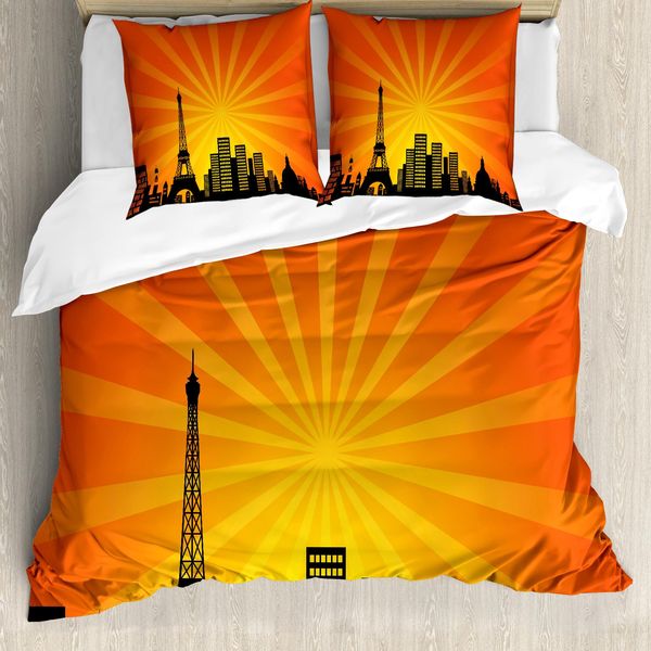 Abakuhaus Set Copripiumino Per Letto Singolo Torre Eiffel, City Skyline Sunburst, Antiacaro, Adatto A Chi Soffre Di Allergie, Con Federa, 155 Cm X 220 Cm - 80 X 80 Cm, Arancione Terra Giallo-image