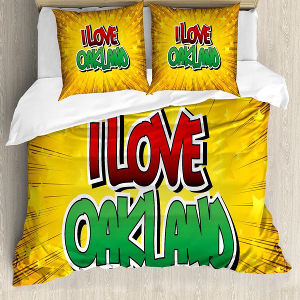 Abakuhaus Oakland Set Copripiumino Per Letti Singoli, Stile Pop Art Tipografico, Antiacaro E Anallergico Con Federa, 155 Cm X 220 Cm - 80 X 80 Cm, Giallo Terra E Verde Felce-image