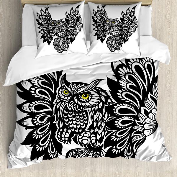 Abakuhaus Set Copripiumino Con Stampa Gufo Per Letti Singoli, Uccello Ornamentale, Antiacaro, Adatto A Chi Soffre Di Allergie, Con Federa, 155 Cm X 220 Cm - 80 X 80 Cm, Grigio Antracite E Giallo-image