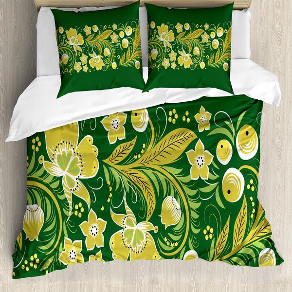 Abakuhaus Set Copripiumino Russo Per Letti Singoli, Khokhloma Slavo Vintage, Antiacaro, Adatto A Chi Soffre Di Allergie, Con Federa, 200 Cm X 200 Cm - 80 X 80 Cm, Giallo Smeraldo-image