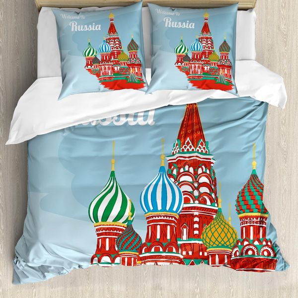 Abakuhaus Set Copripiumino Russo Per Letti Singoli, Arte Architettonica Slava, Antiacaro, Adatto A Chi Soffre Di Allergie, Con Federa, 155 Cm X 220 Cm - 80 X 80 Cm, Pale Sky Blue Multicolor-image
