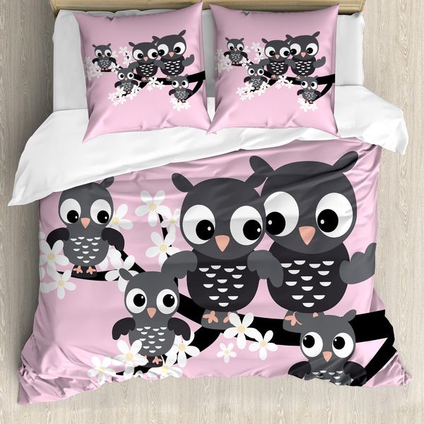 Abakuhaus Set Copripiumino Con Stampa Gufo Per Letti Singoli, Famiglia Su Un Ast, Antiacaro, Adatto A Chi Soffre Di Allergie, Con Federa, 155 Cm X 220 Cm - 80 X 80 Cm, Rosa Baby Grigio Scuro-image