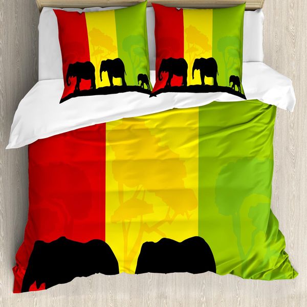 Abakuhaus Set Copripiumino Silhouette Per Letti Singoli, Fauna Elefante, Antiacaro, Adatto A Chi Soffre Di Allergie, Con Federa, 155 Cm X 220 Cm - 80 X 80 Cm, Giallo Verde Lime-image