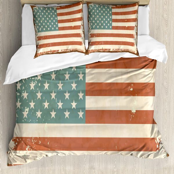 Abakuhaus Set Copripiumino A Strisce Weinlese Per Letti Singoli, Grunge Us Flag, Antiacaro, Adatto A Chi Soffre Di Allergie, Con Federa, 155 Cm X 220 Cm - 80 X 80 Cm, Cannella Champagne-image