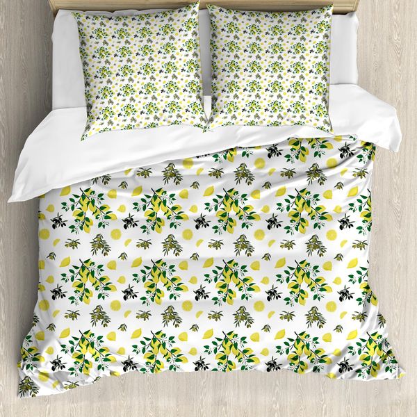 Abakuhaus Set Copripiumino Botanico Per Letti Singoli, Olive E Limoni Growing, Antiacaro, Adatto A Chi Soffre Di Allergie, Con Federa, 200 Cm X 200 Cm - 80 X 80 Cm, Giallo Pastello Verde-image