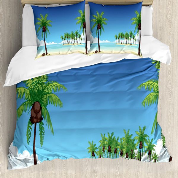 Abakuhaus Set Copripiumino Fiji Per Letti Singoli, Alberi Di Cocco Nell'oceano, Antiacaro, Adatto A Chi Soffre Di Allergie, Con Federa, 155 Cm X 220 Cm - 80 X 80 Cm, Blu Azzurro Multicolore-image