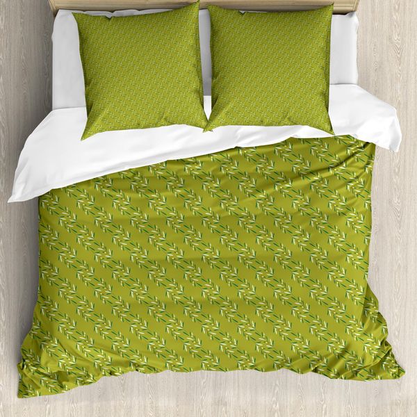 Abakuhaus Set Copripiumino Per Letto Singolo, Foglie Germoglianti, Antiacaro, Adatto A Chi Soffre Di Allergie, Con Federa, 155 Cm X 220 Cm - 80 X 80 Cm, Verde Oliva Verde Pastello-image