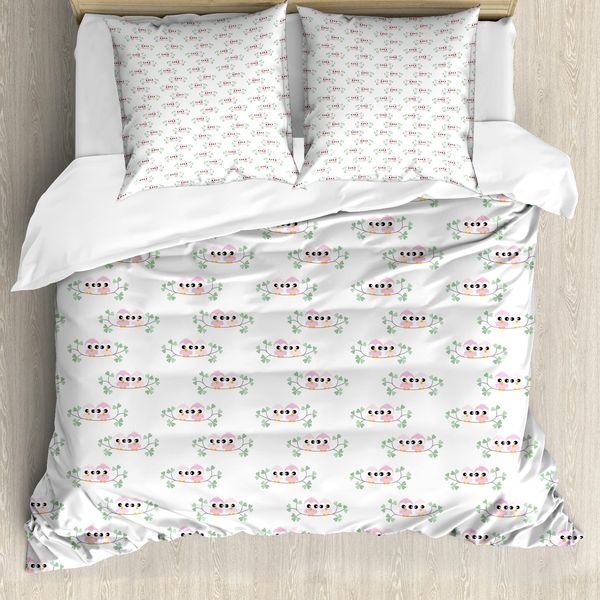 Abakuhaus Set Copripiumino Con Stampa Gufo Per Letti Singoli, Uccellini Infantili Su Ramo, Antiacaro, Adatto A Chi Soffre Di Allergie, Con Federa, 155 Cm X 220 Cm - 80 X 80 Cm, Verde Pallido Rosa Baby-image