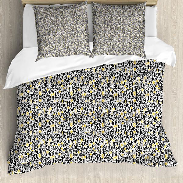 Abakuhaus Set Copripiumino Per Letti Singoli, Tipografia E Numeri, Antiacaro, Adatto A Chi Soffre Di Allergie, Con Federa, 200 Cm X 200 Cm - 80 X 80 Cm, Grigio Giallo-image