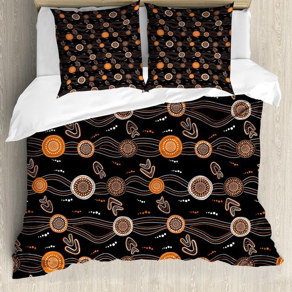 Abakuhaus Set Copripiumino Aborigeno Per Letti Singoli, Waves Dots E Boomerang, Antiacaro, Adatto A Chi Soffre Di Allergie, Con Federa, 200 Cm X 200 Cm - 80 X 80 Cm, Grigio Arancione-image