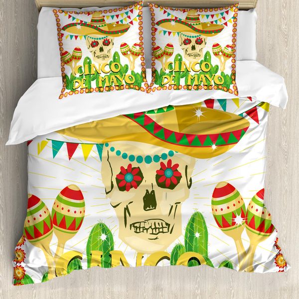 Abakuhaus Cinco De Mayo Set Copripiumino Per Letti Singoli, Teschi Maracas, Antiacaro, Adatto A Chi Soffre Di Allergie, Con Federa, 200 Cm X 200 Cm - 80 X 80 Cm, Multicolore-image