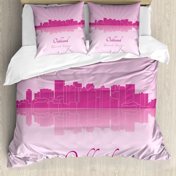 Abakuhaus Oakland Set Copripiumino Per Letti Singoli, Calligraphic City Skyline, Antiacaro, Adatto A Chi Soffre Di Allergie, Con Federa, 155 Cm X 220 Cm - 80 X 80 Cm, Fucsia Malva-image