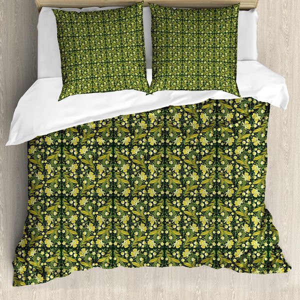 Abakuhaus Set Copripiumino Botanico Per Letti Singoli, Motivi Floreali Khokhloma, Antiacaro, Adatto A Chi Soffre Di Allergie, Con Federa, 155 Cm X 220 Cm - 80 X 80 Cm, Giallo Verde Cacciatore-image