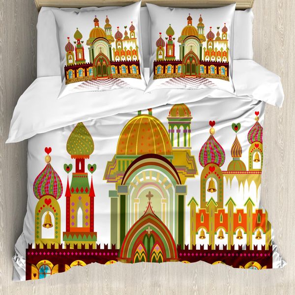 Abakuhaus Set Copripiumino Russo Per Letti Singoli, Fantasia Architettura Slava, Antiacaro, Adatto A Chi Soffre Di Allergie, Con Federa, 155 Cm X 220 Cm - 80 X 80 Cm, Bianco Multicolore-image