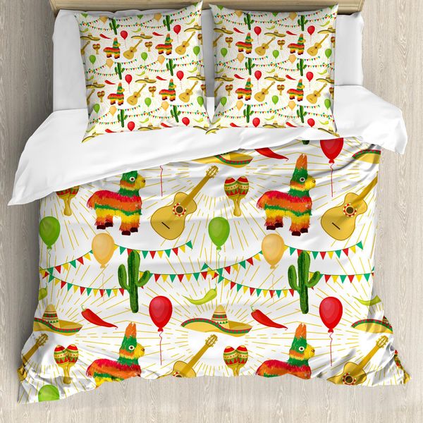 Abakuhaus Cinco De Mayo Set Copripiumino Per Letti Singoli, Elementi Folk Messicani, Antiacaro, Adatto A Chi Soffre Di Allergie, Con Federa, 155 Cm X 220 Cm - 80 X 80 Cm, Multicolore-image