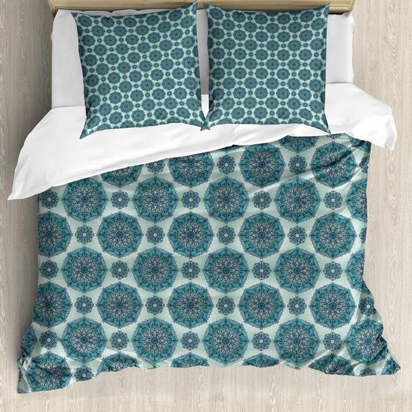 Abakuhaus Set Copripiumino Etnico Per Letti Singoli, Medaglione Jumble, Antiacaro, Adatto A Chi Soffre Di Allergie, Con Federa, 200 Cm X 200 Cm - 80 X 80 Cm, Blu Ardesia, Azzurro-image