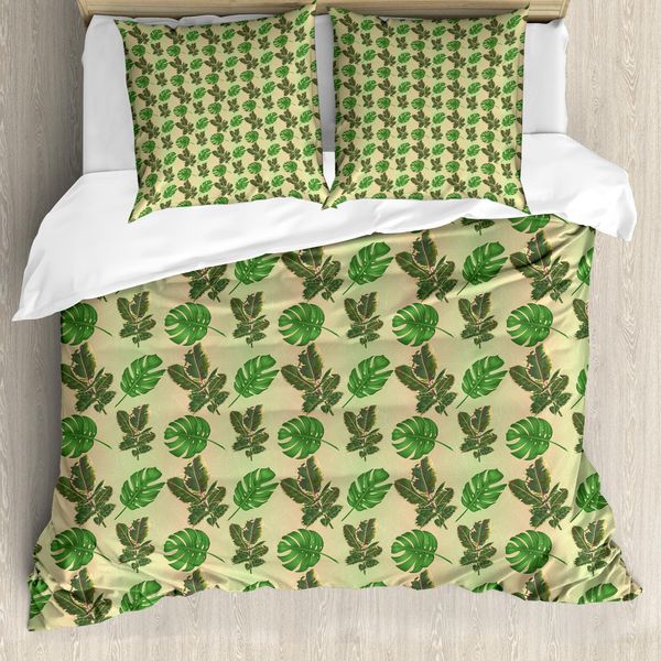 Abakuhaus Set Copripiumino Philodendron Per Letti Singoli, Motivo Foglie Esotiche, Antiacaro, Adatto A Chi Soffre Di Allergie, Con Federa, 200 Cm X 200 Cm - 80 X 80 Cm, Fern Green Multicolor-image